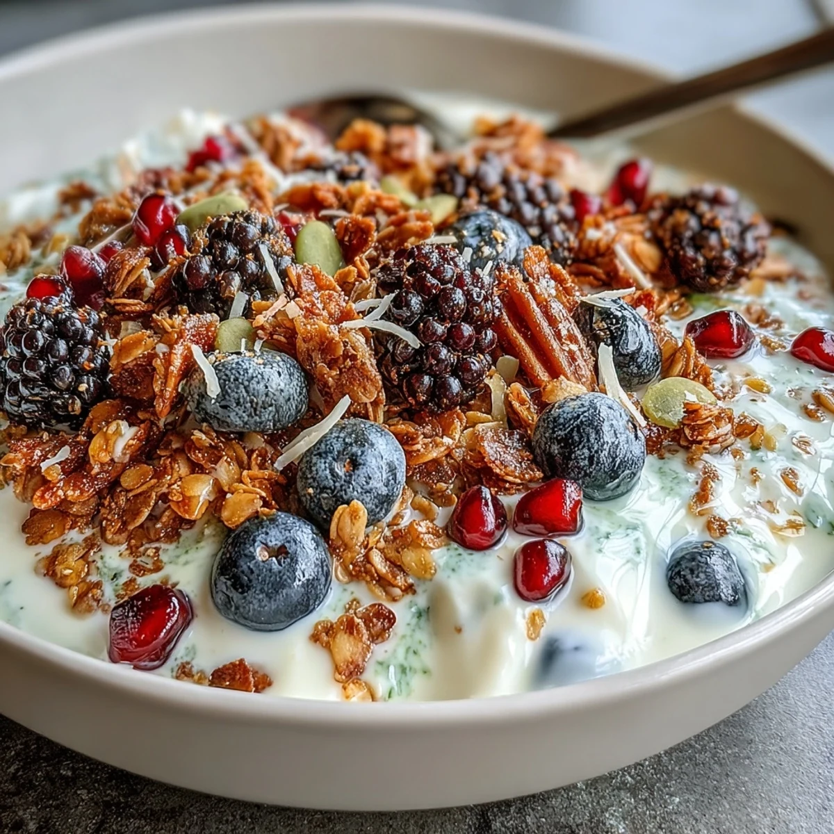Close-up of a delicious Yogurt Bowl with Winter Berries and Spiced Crunch.
