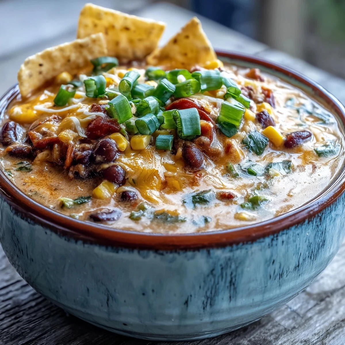 A hearty pot of creamy taco soup with ground beef, black beans, and corn, ready for a cozy family dinner.