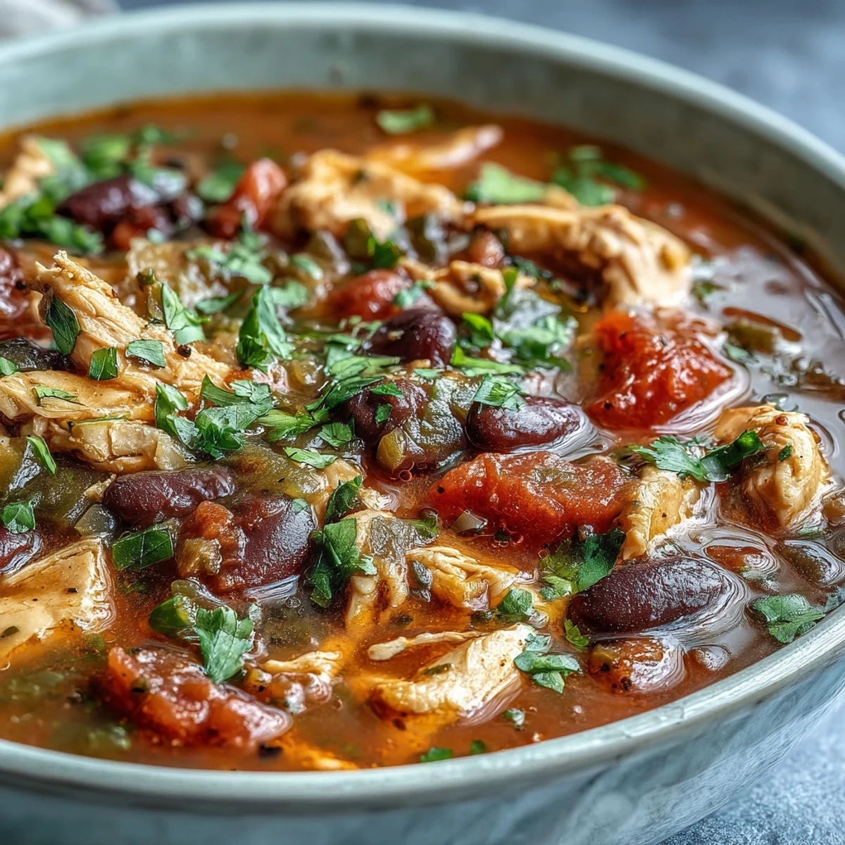 A steaming bowl of Southwestern Turkey Soup garnished with fresh cilantro and avocado slices on a rustic table.