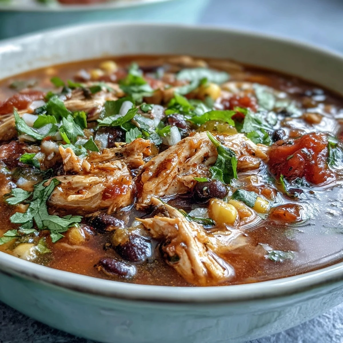 Spoons up over a hearty pot of Southwestern Turkey Soup, with lime wedges and crumbled tortilla chips on the side.