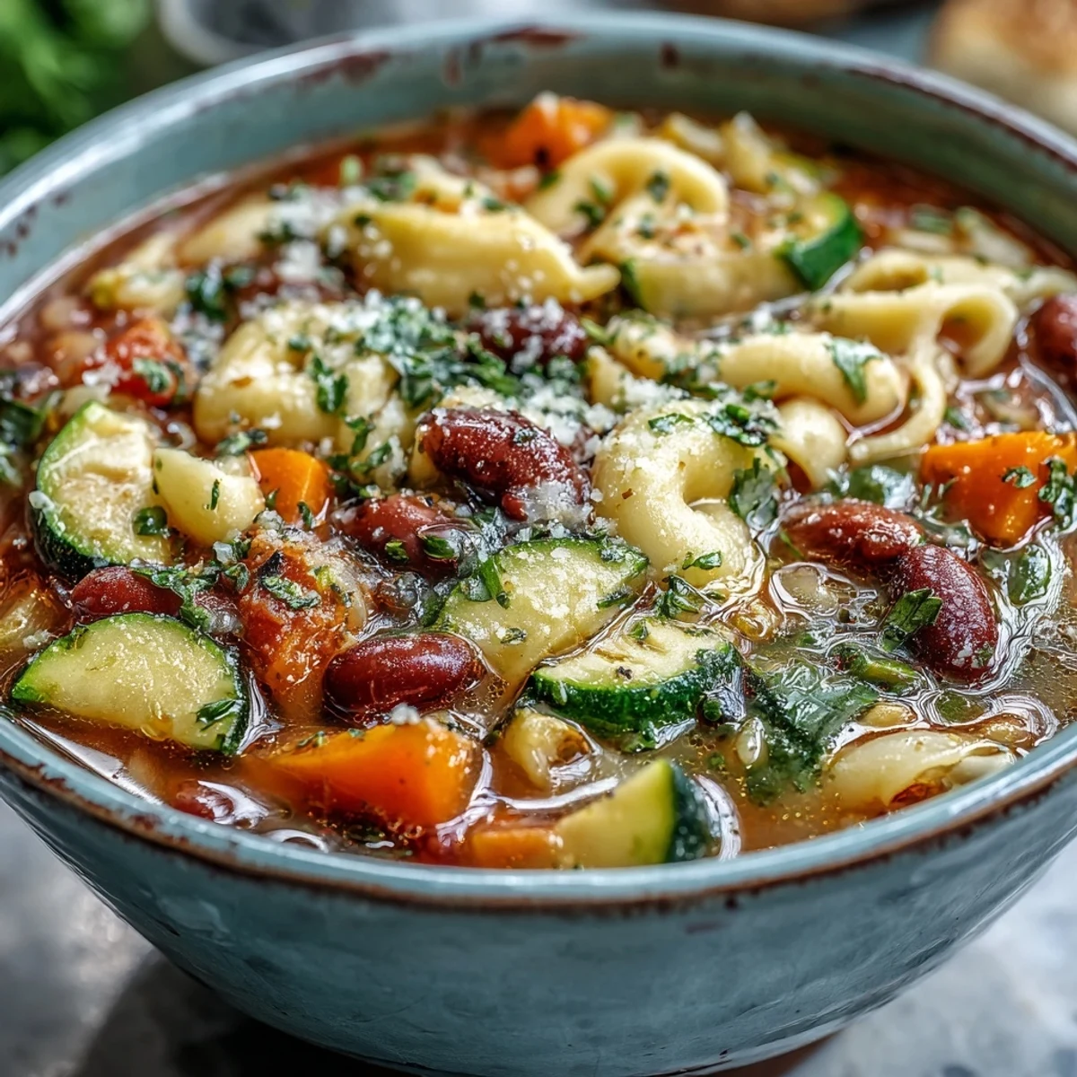 Hearty Minestrone Soup simmering in a pot, filled with colorful vegetables, beans, and pasta in a rich tomato broth.