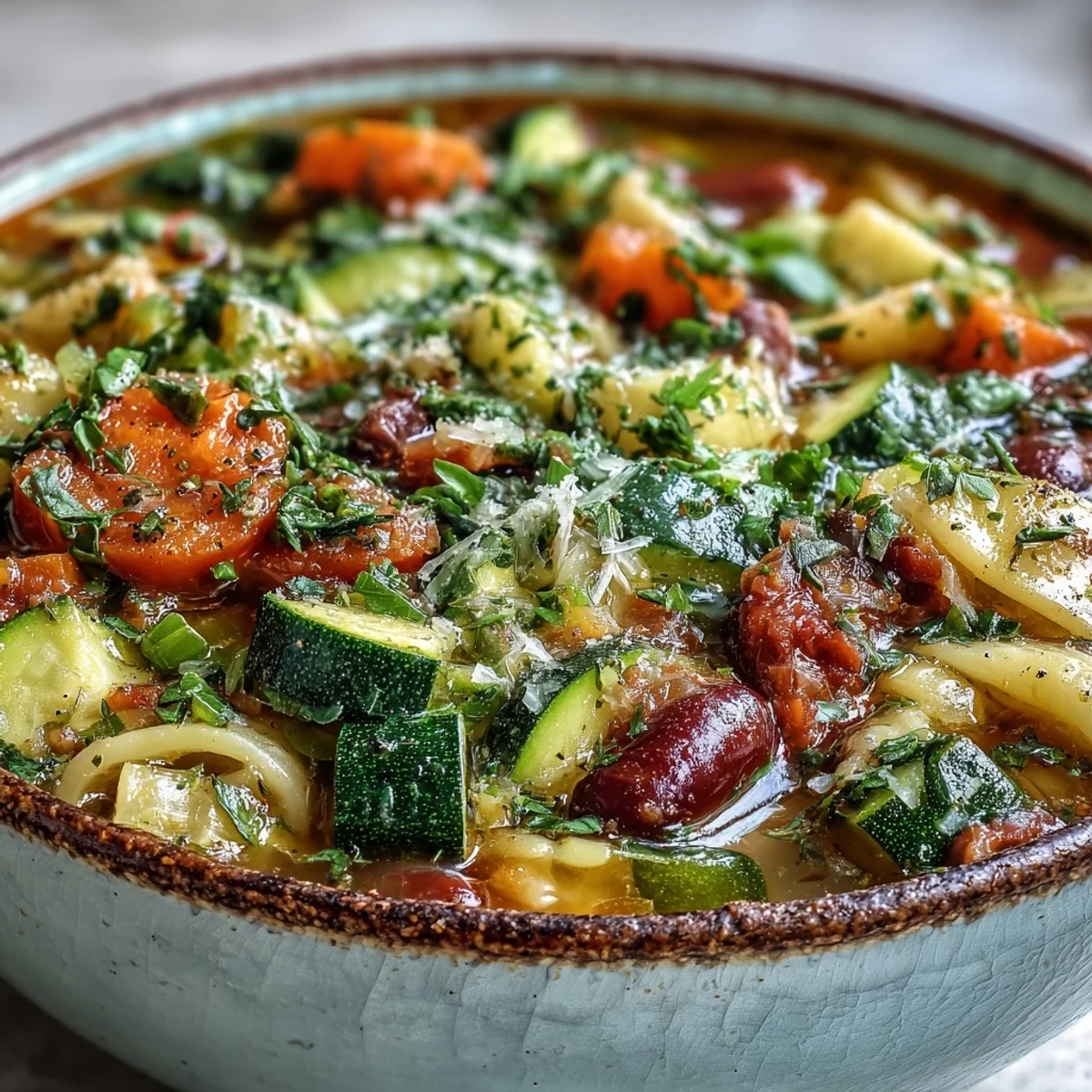 A bowl of vegetarian Minestrone Soup topped with Parmesan cheese and fresh parsley, served alongside crusty Italian bread.