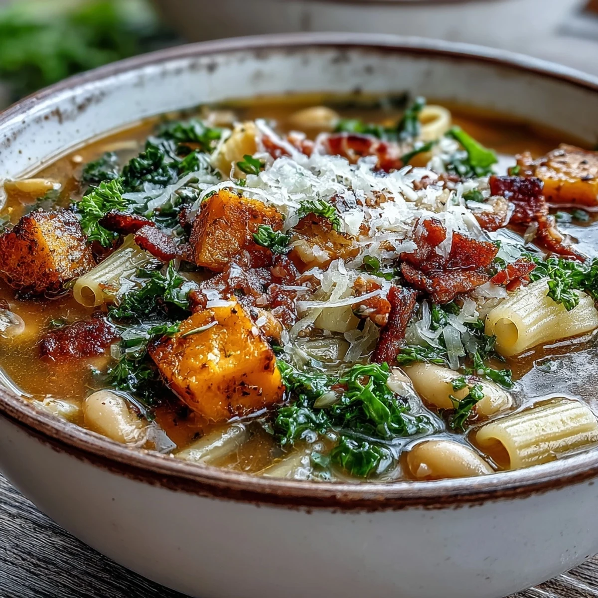 A spoon lifts a serving of Fall Minestrone from the pot, revealing wilted kale, savory pancetta, and a rich tomato-based broth.