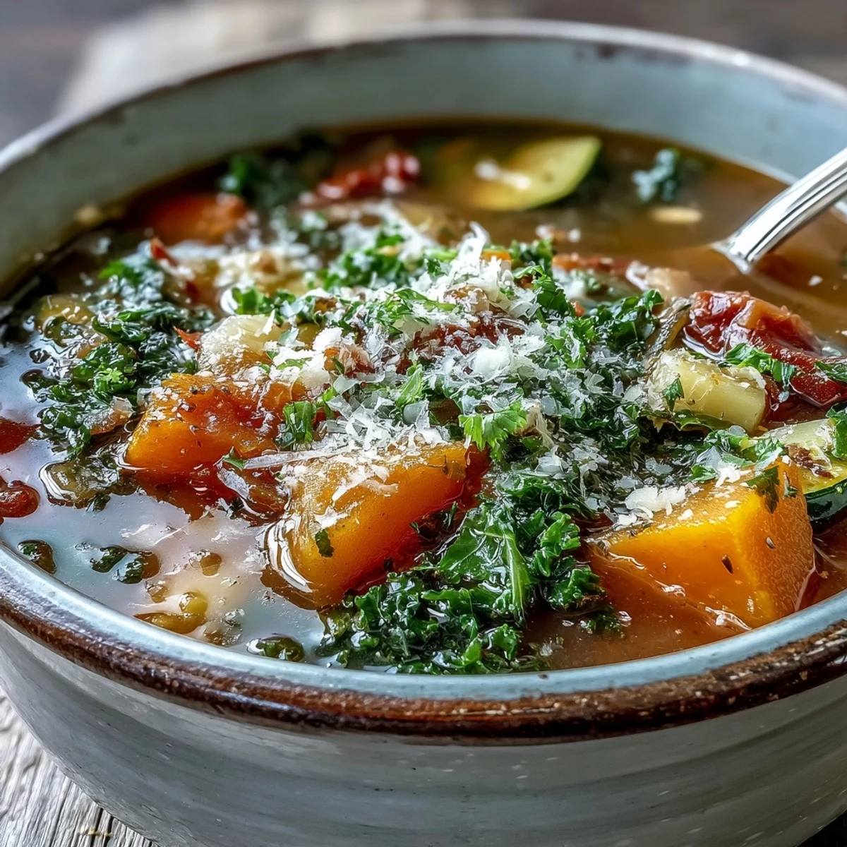 A steaming bowl of Winter Minestrone Soup packed with kale, butternut squash, and beans, topped with Parmesan.
