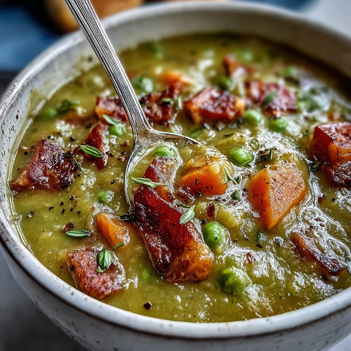 Homemade Split Pea and Ham Soup served in a rustic bread bowl, perfect for a cozy winter dinner.