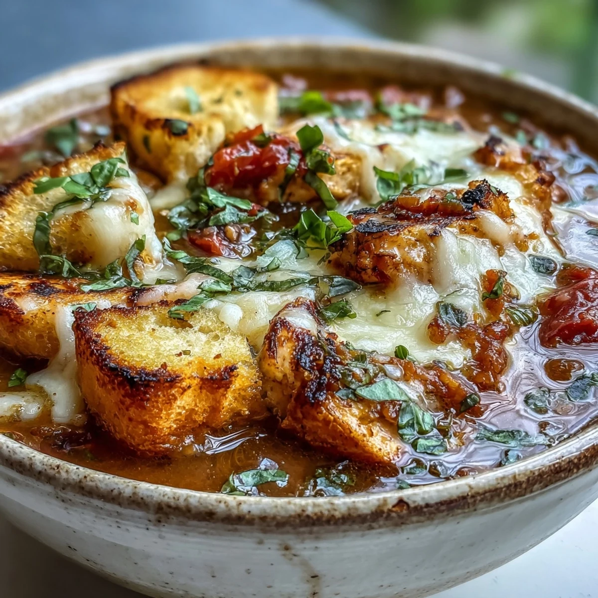Close-up of a steaming bowl of Grilled Chicken Parmesan Soup, featuring tender grilled chicken pieces, melted mozzarella, and a garnish of fresh basil. 