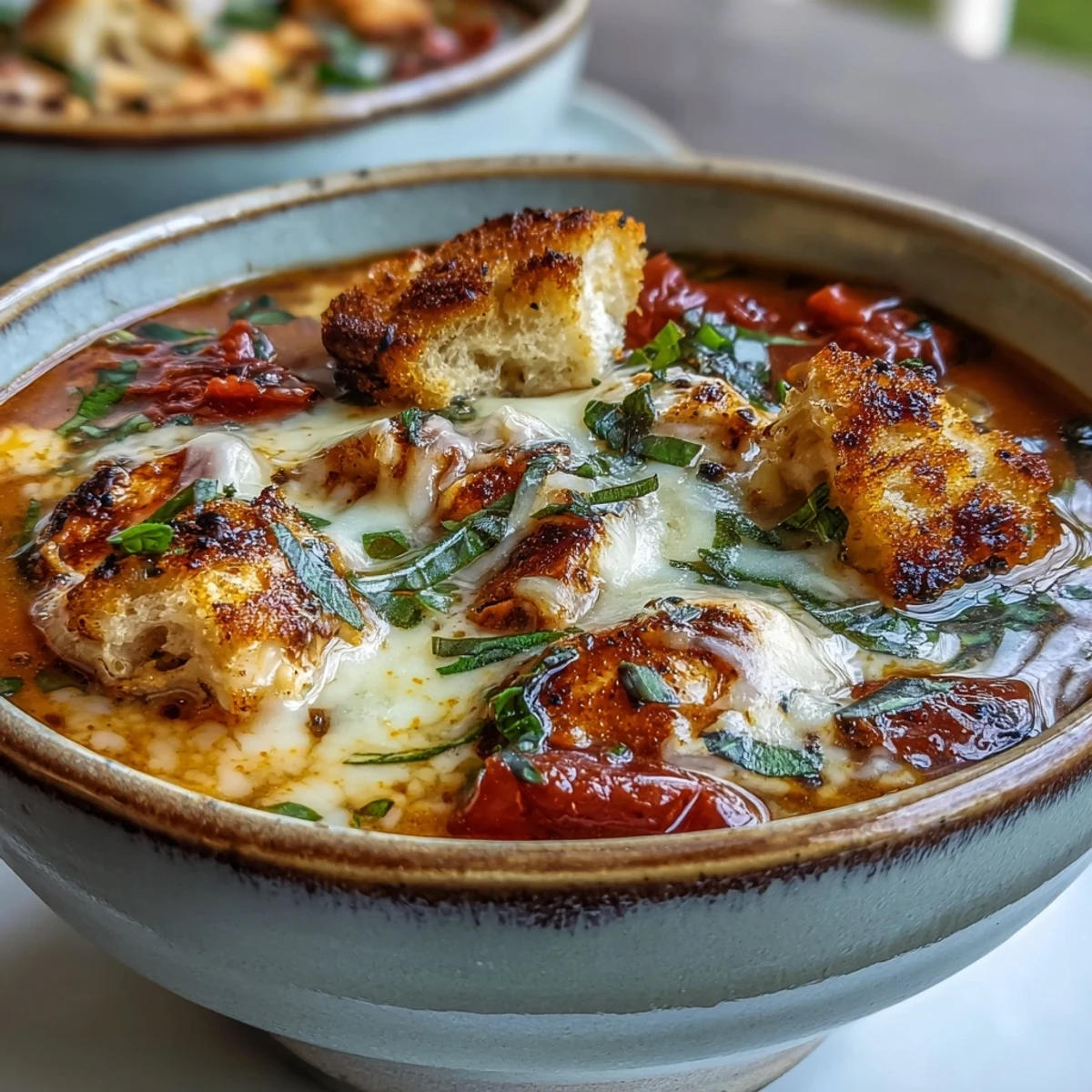 A rustic pot of Grilled Chicken Parmesan Soup simmers with chunky tomatoes and vegetables, ready to be served with garlic croutons. 