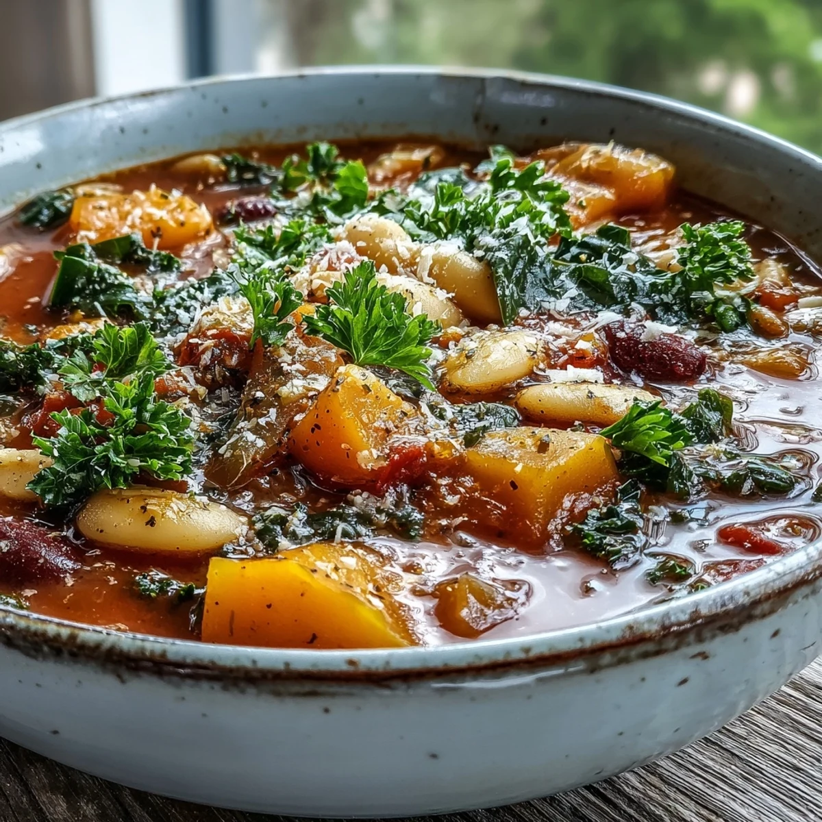 Steaming pot of Winter Minestrone Soup With Butternut Squash, featuring carrots, beans, and kale in rich tomato broth.