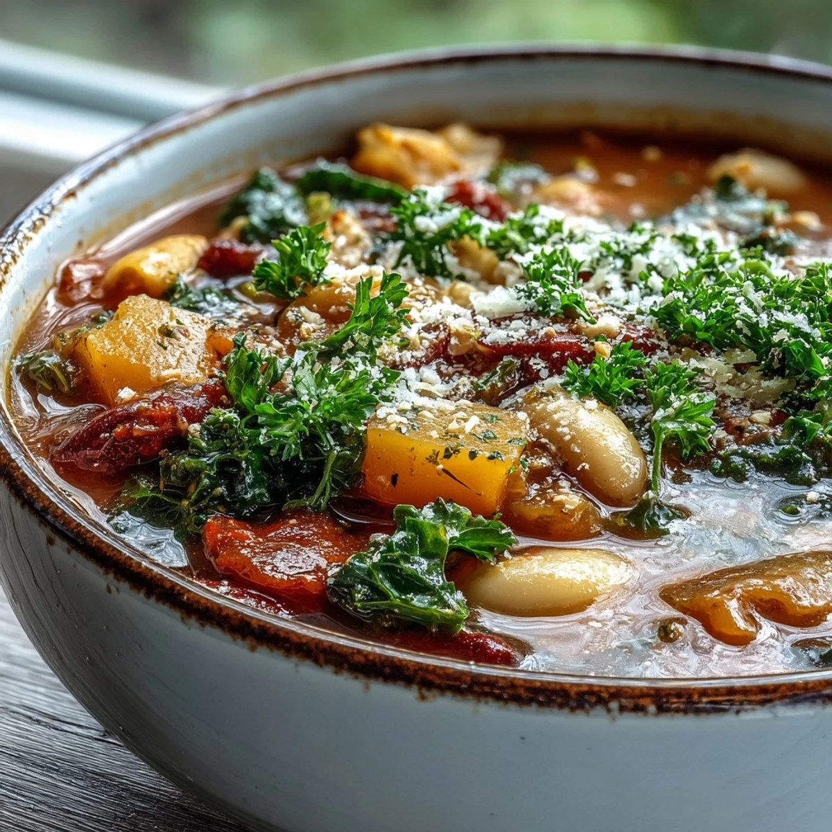 Rustic table spread with Winter Minestrone Soup With Butternut Squash and Kale alongside crusty bread and white wine.