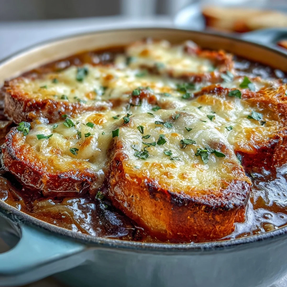 Golden, bubbly Gruyère melts over a hearty bowl of Dutch Oven French Onion Soup with a toasted baguette slice.