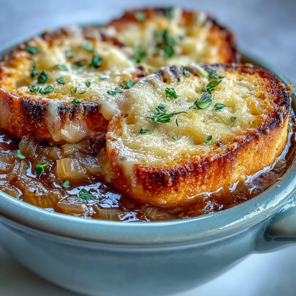 Cheesy, crusty-topped Dutch Oven French Onion Soup garnished with fresh thyme, ready to enjoy beside a glass of white wine.