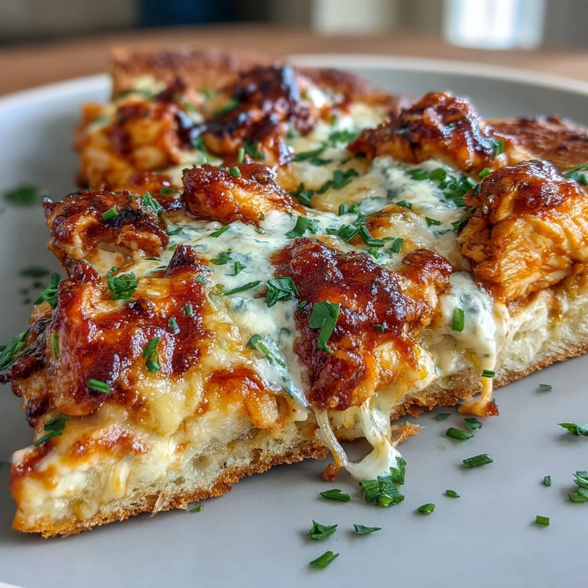 A close-up of Buffalo Chicken Pizza with melted mozzarella, cheddar, and sliced red onion on a golden, crispy crust.