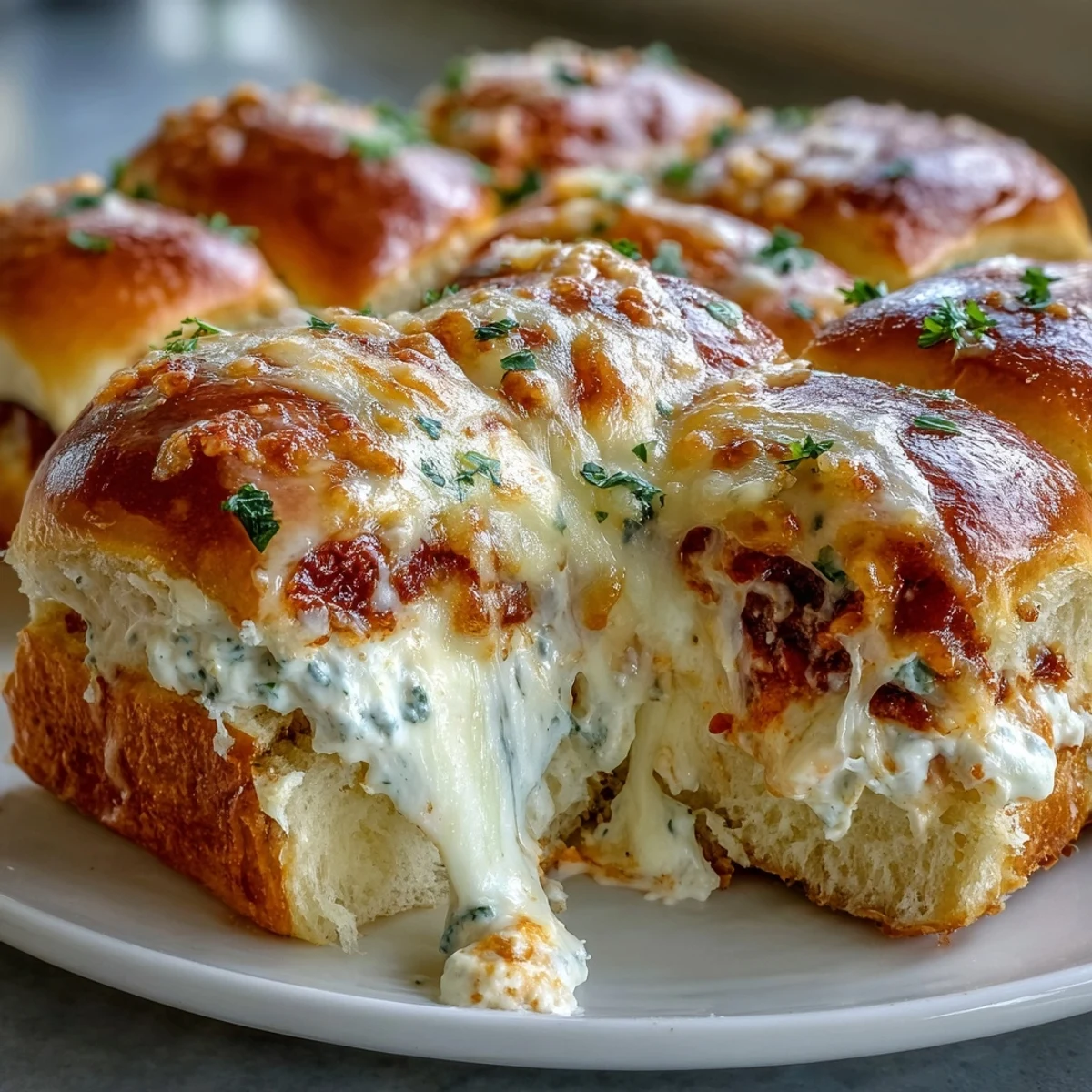 Savory Pizza Dip Sliders stacked high, featuring creamy Buffalo chicken filling and a garlic butter brush on top.