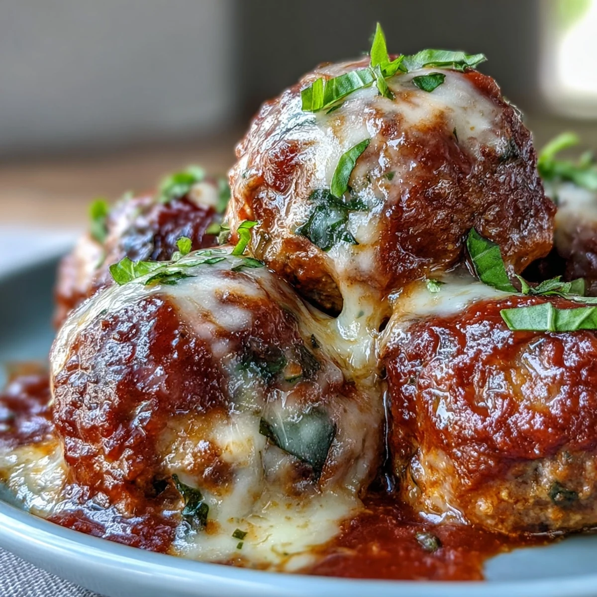 Golden-brown, cheesy meatballs simmering in vibrant red marinara sauce, garnished with fresh basil and served over gluten-free pasta for a hearty dinner.