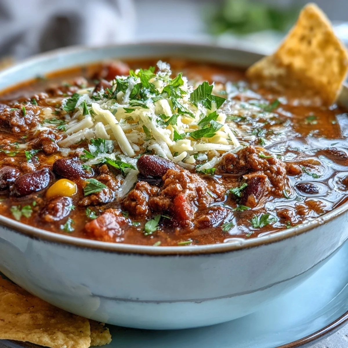 Hearty Taco Soup simmering in a pot, featuring seasoned ground beef, beans, and corn, garnished with shredded cheese and sour cream.