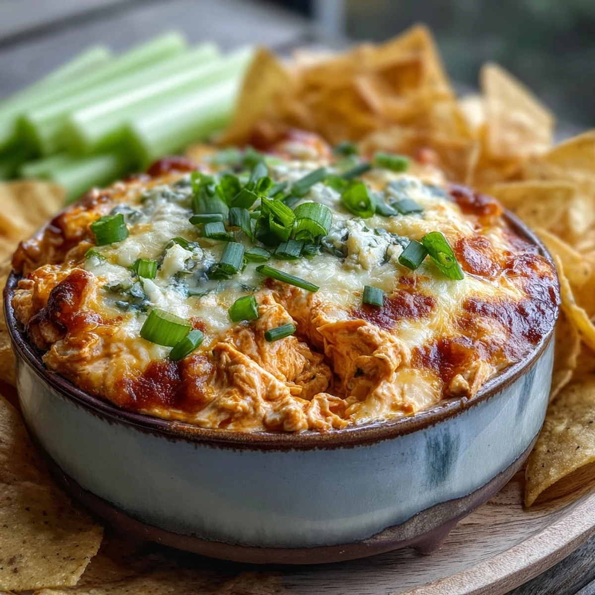 Creamy Crock Pot Buffalo Chicken Dip bubbling in a slow cooker, topped with melted cheese and fresh scallions.