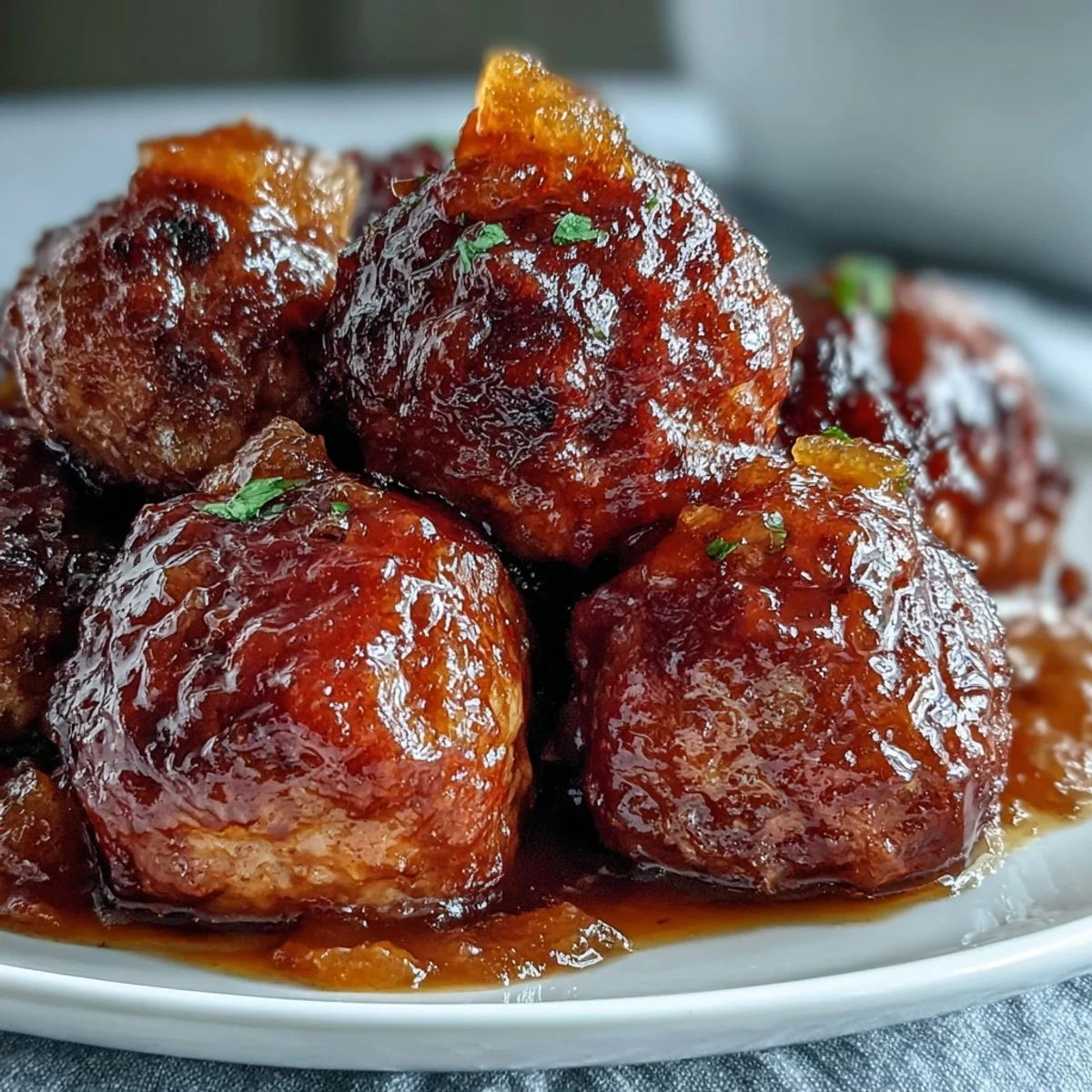Sweet and Sour Crock Pot Meatballs simmer in a glossy, tangy sauce, served hot as an appetizer with toothpicks.  