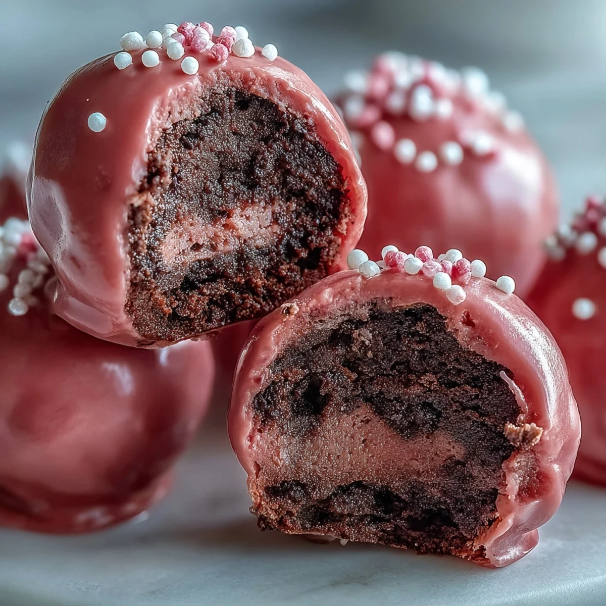 Glistening pink Oreo Truffle Balls lined on parchment with a crunchy candy shell and creamy chocolate center.