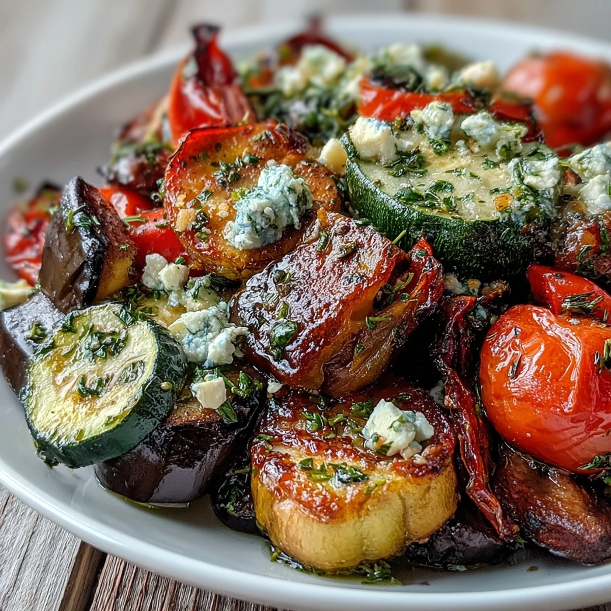 Freshly roasted Mediterranean Greek vegetables, including eggplant and zucchini, tossed with herbs and topped with crumbled feta on a white plate.