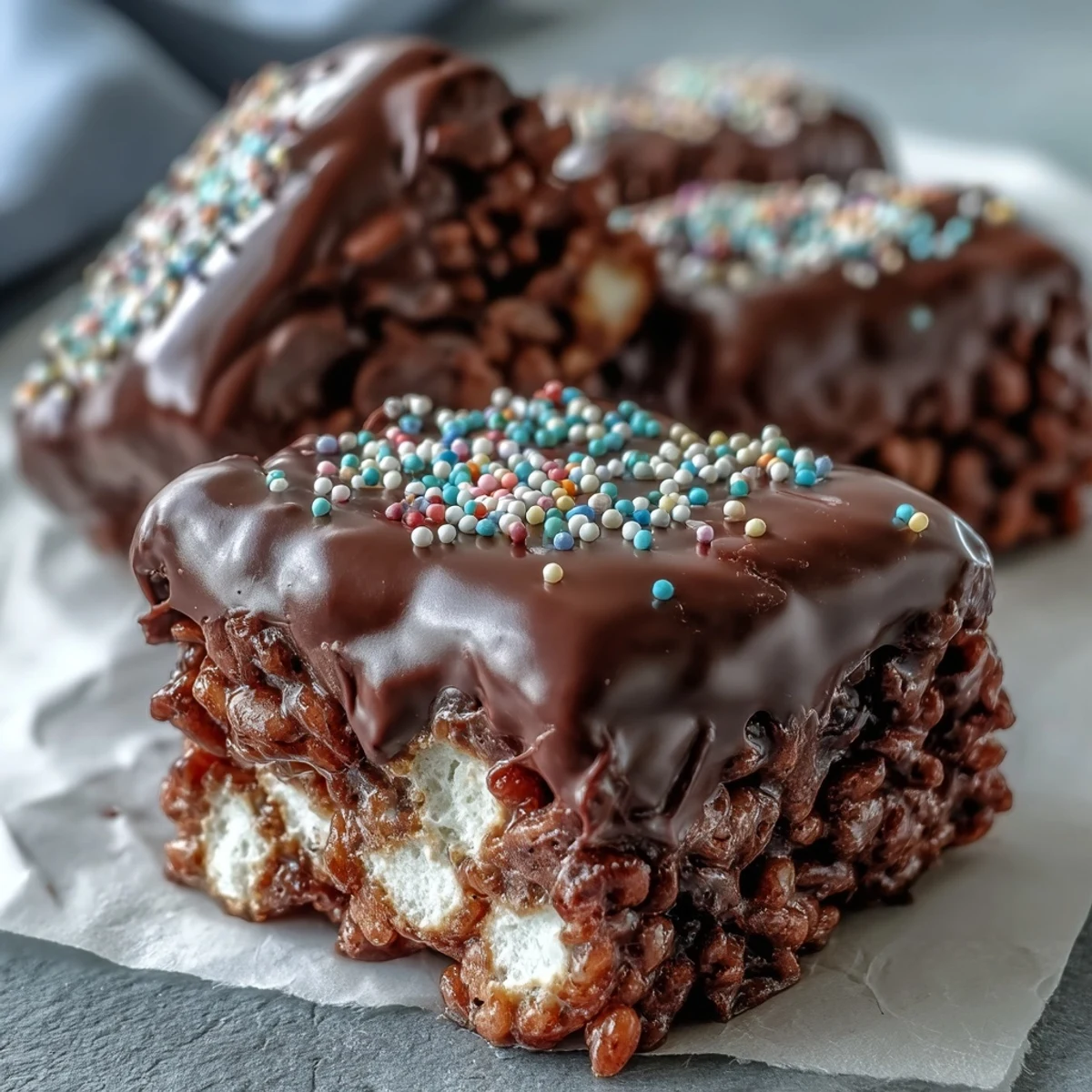 Frosted Chocolate Covered Rice Krispy Treats with colorful sprinkles sit on a wooden board, showcasing a glossy chocolate topping for an easy homemade dessert.