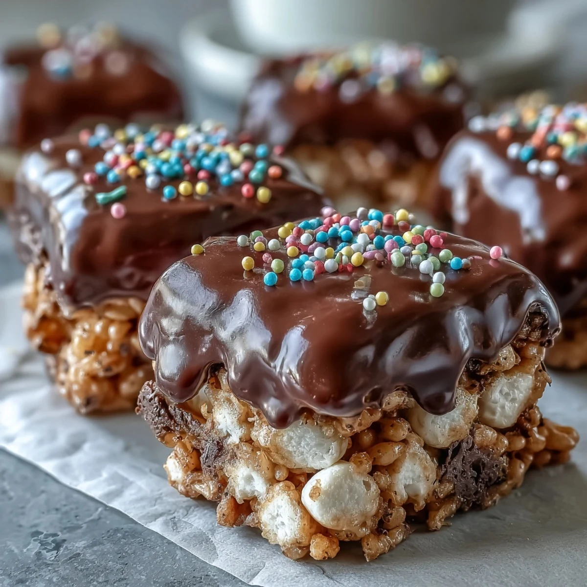 Crunchy marshmallow squares dipped in rich chocolate, topped with rainbow sprinkles for a festive and fun party dessert everyone loves.