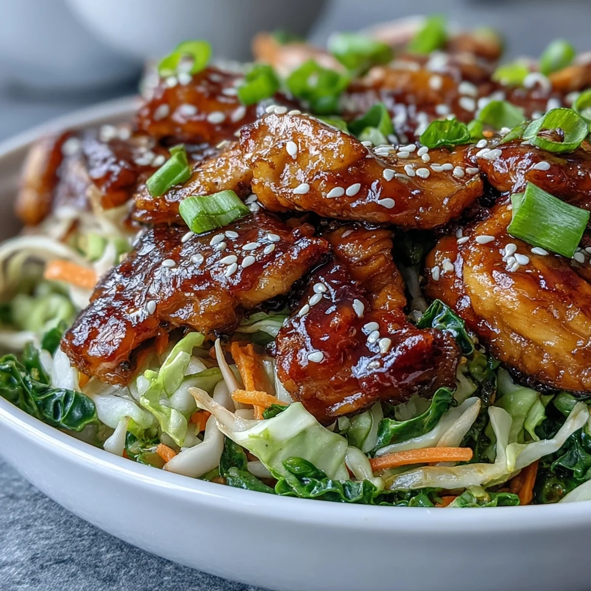 Tender chicken, cabbage, and carrots fill a skillet for Egg Roll Bowls with Chicken and Cabbage, topped with sesame seeds and chili crisp.