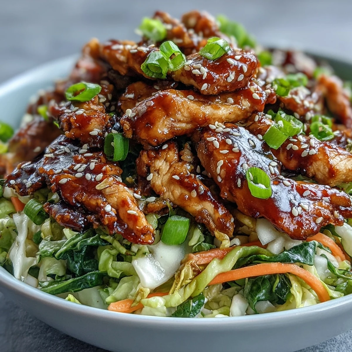Steam rises from a bowl of Egg Roll Bowls with Chicken and Cabbage garnished with scallions, ideal for quick weeknight Asian-inspired meals.