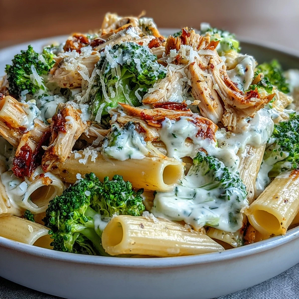 Bright broccoli florets and tender rotisserie chicken tossed in creamy Greek yogurt sauce, served over whole-wheat penne pasta.
