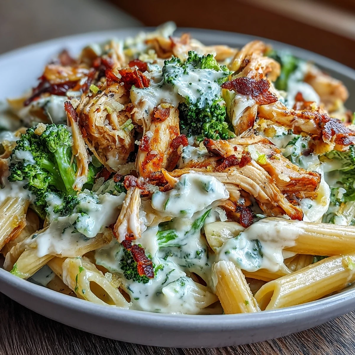 Sizzling skillet of High Protein Rotisserie Chicken Broccoli Pasta with garlic, lemon zest, and melted Parmesan on whole-wheat penne.