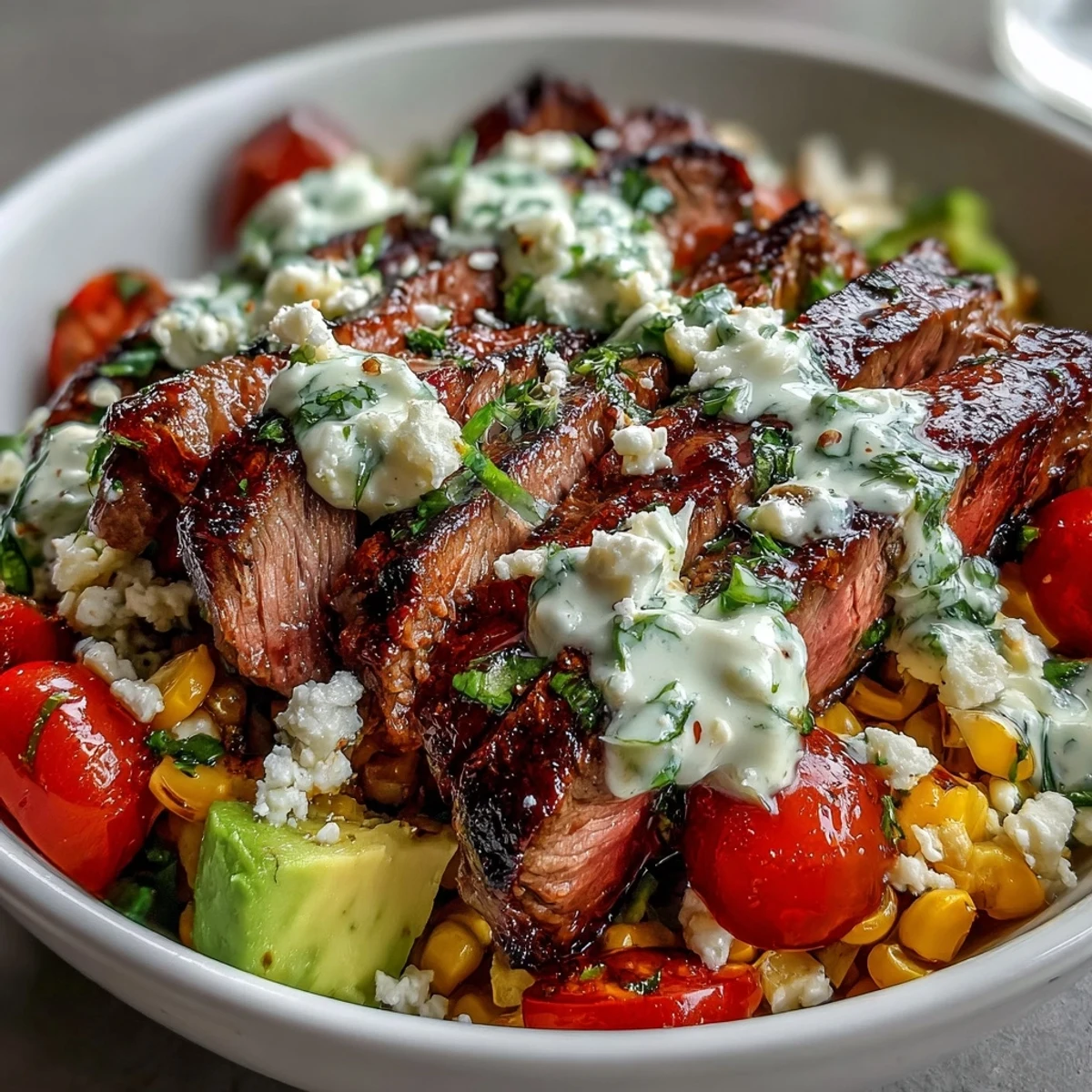Sliced steak, creamy avocado, and charred corn in a Tex-Mex dinner bowl.