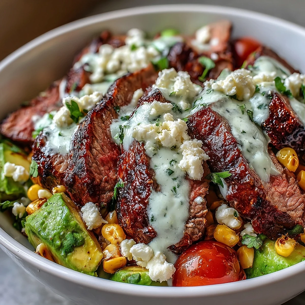 Tender steak and roasted corn in a bowl with avocado and cilantro cream.