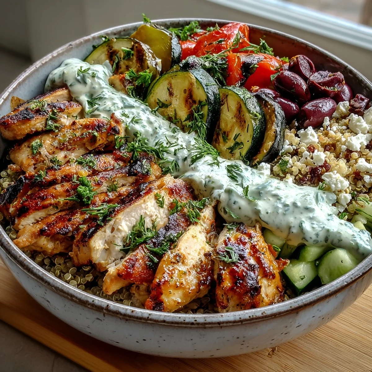 Vibrant grilled vegetables and juicy protein sit atop nutty quinoa in this wholesome, gluten-free Healthy Grilled Mediterranean Bowl.
