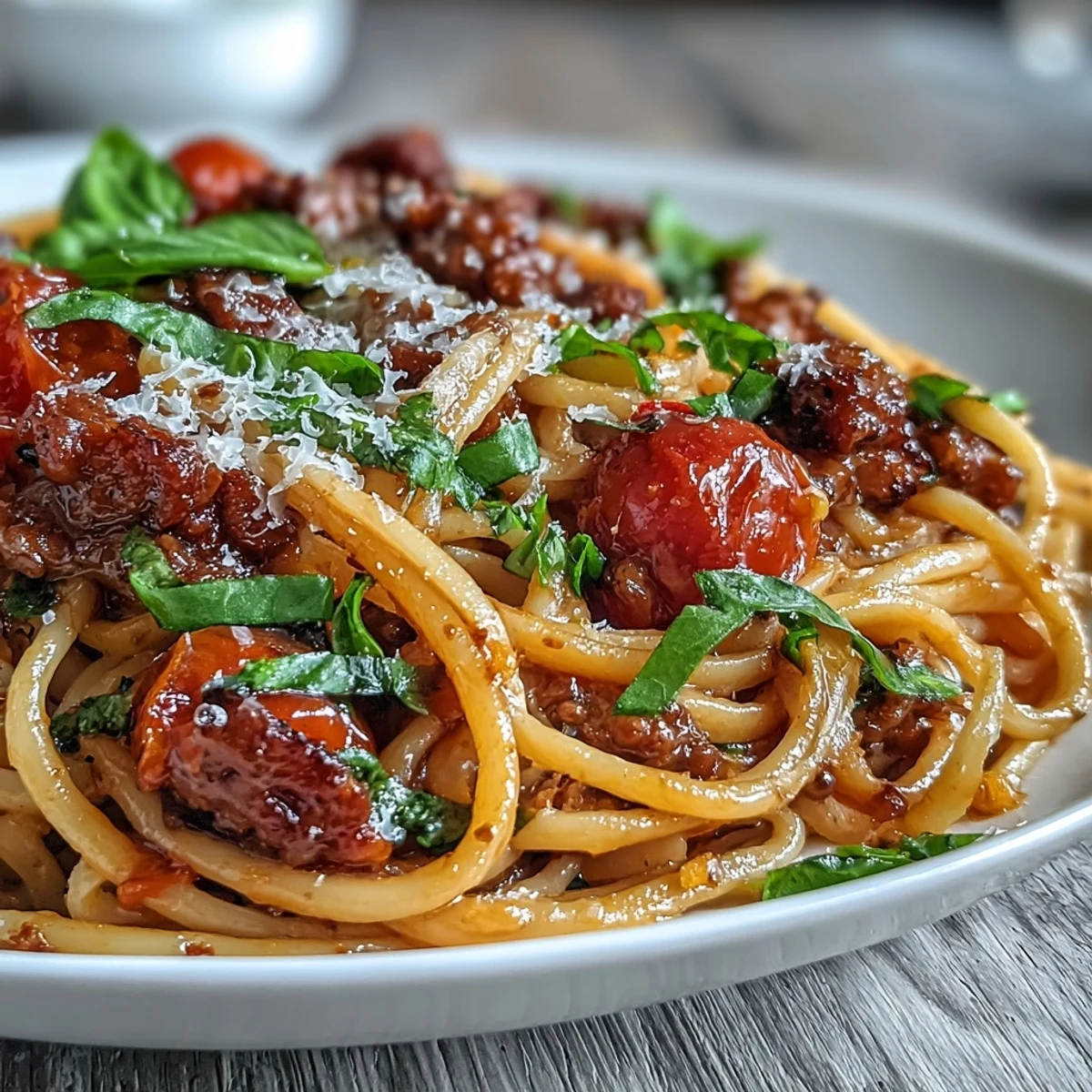 Italian Drunken Noodles tossed with spicy sausage and sweet cherry tomatoes in a rich Chianti tomato sauce, garnished with fresh basil.