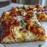 A rustic serving of Buffalo Chicken Pizza topped with spicy buffalo chicken and creamy ranch sauce on a wooden board.