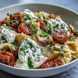 Creamy burrata melts over al dente pasta tossed with ripe cherry tomatoes and fresh basil in this Caprese pasta recipe.
