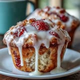 Fresh-baked muffins filled with ripe strawberries and zesty lemon, drizzled with a sweet-tart lemon glaze for a springtime treat.  