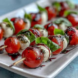 A close-up of Mini Caprese skewers, showcasing fresh ingredients and glistening balsamic drizzle elegance.