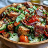Enjoy this colorful Summer Panzanella, a rustic bread salad bursting with flavor.