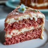 Dreamy Rosé Velvet Cake, elegantly frosted with a flowing gold ganache drip.