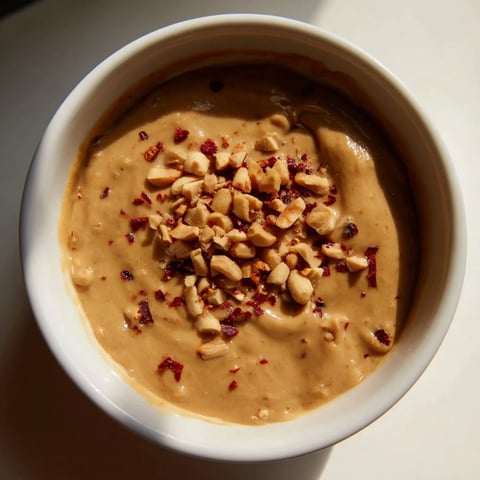 Indonesian satay sauce, a creamy dip, is pictured with grilled chicken, with visible texture.