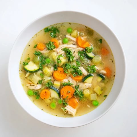 A steaming bowl of Spring Garden Chicken Soup with tender shredded chicken, carrots, zucchini, and fresh parsley garnish.