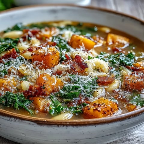 Fall Minestrone soup is ladled into a rustic bowl, featuring creamy white beans, ditalini pasta, and tender chunks of butternut squash.
