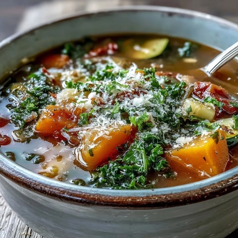A steaming bowl of Winter Minestrone Soup packed with kale, butternut squash, and beans, topped with Parmesan.