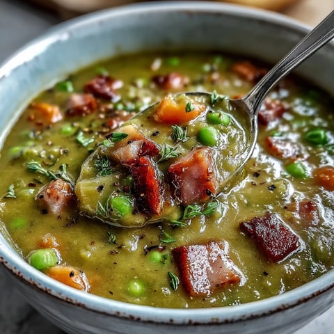 Creamy Split Pea and Ham Soup simmering in a pot, steam rising from the thick, savory green broth.