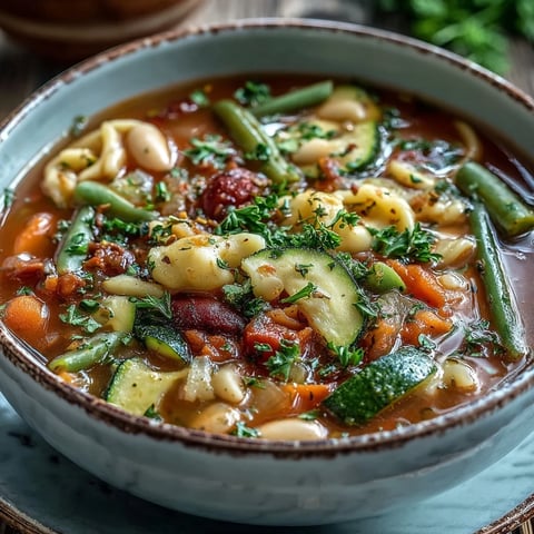 Hearty minestrone soup steaming in a rustic bowl, packed with pasta, beans, and colorful vegetables.