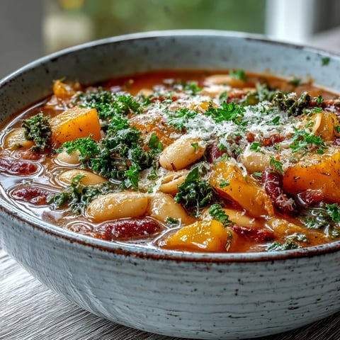 Festive bowl of Winter Minestrone Soup With Butternut Squash and Kale, topped with Parmesan and fresh parsley.