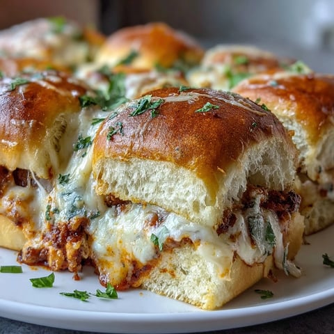 Golden brown Pizza Dip Sliders fresh from the oven, with bubbly melted cheese and soft Hawaiian roll buns.