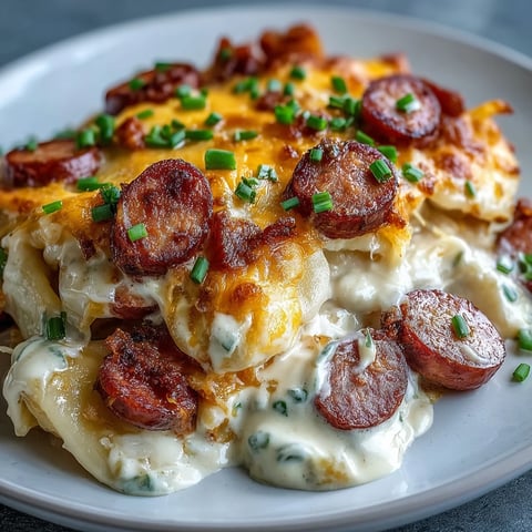 Golden brown kielbasa slices and melted cheddar top creamy Crockpot Pierogi Casserole With Kielbasa, ready to serve.  