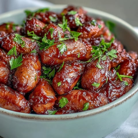 Golden Crock Pot BBQ Cocktail Sausages simmering in a sweet apricot barbecue glaze. Perfect game-day snack.