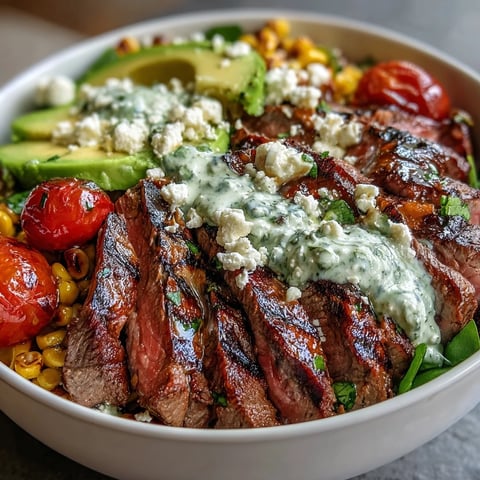 Steak, Avocado, and Roasted Corn Bowl topped with creamy cilantro sauce.